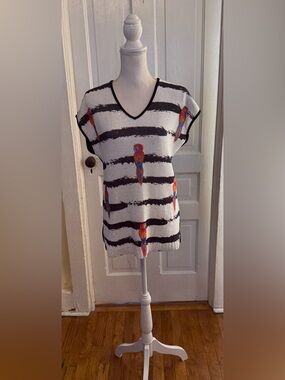 Tricotto Striped V-Neck Knit Top with Embroidered Parrot Motif